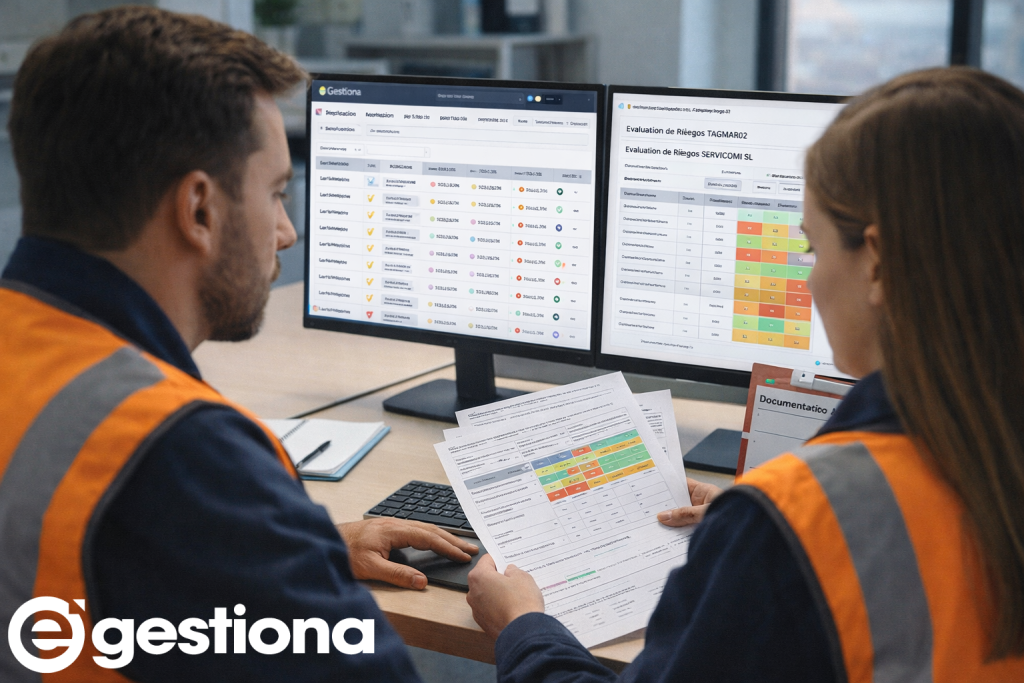 Técnico de PRL revisando evaluaciones de riesgos y documentación de contratas en una plataforma CAE