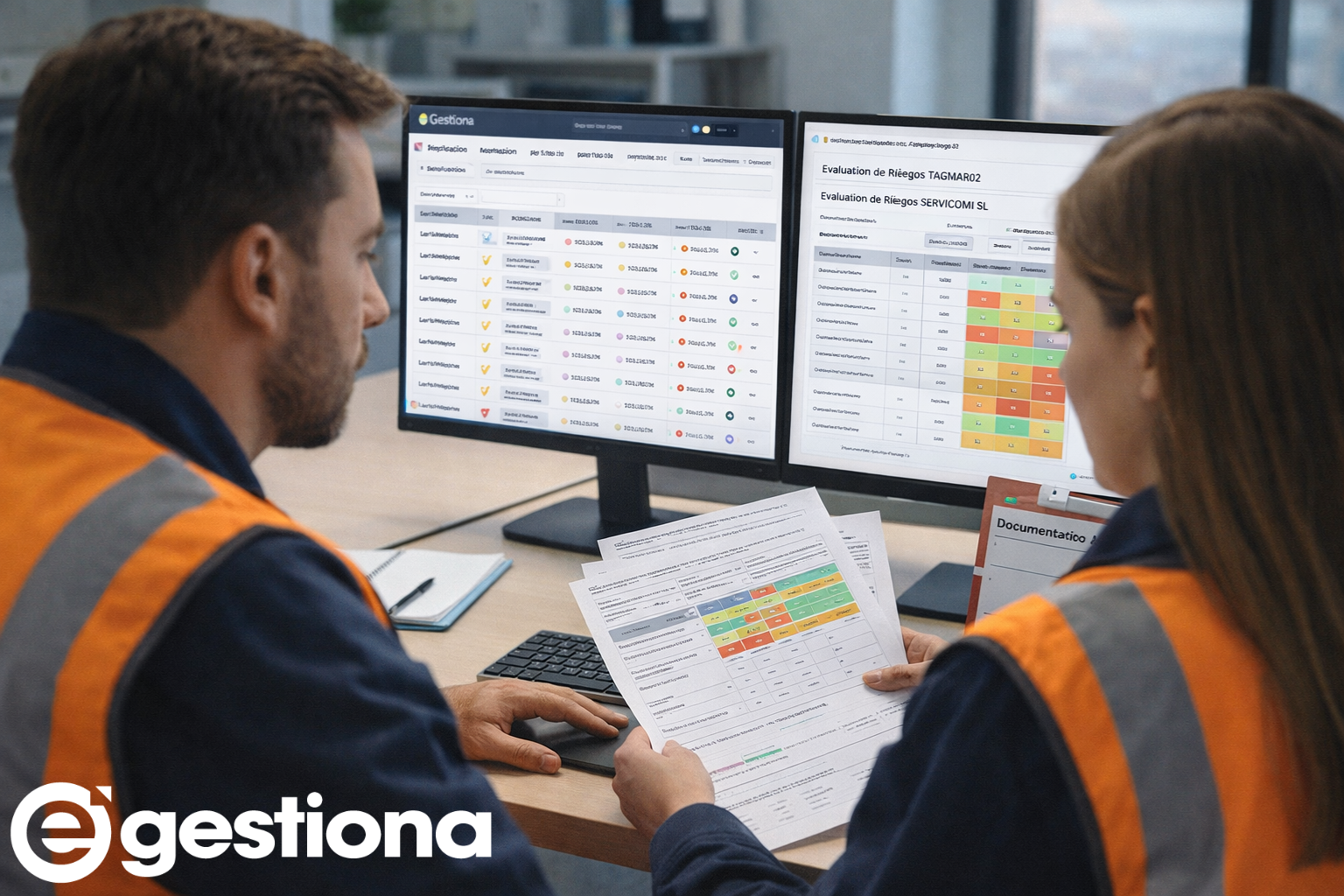 eGestiona guía de riesgos laborales Técnico de PRL revisando evaluaciones de riesgos y documentación de contratas en una plataforma CAE