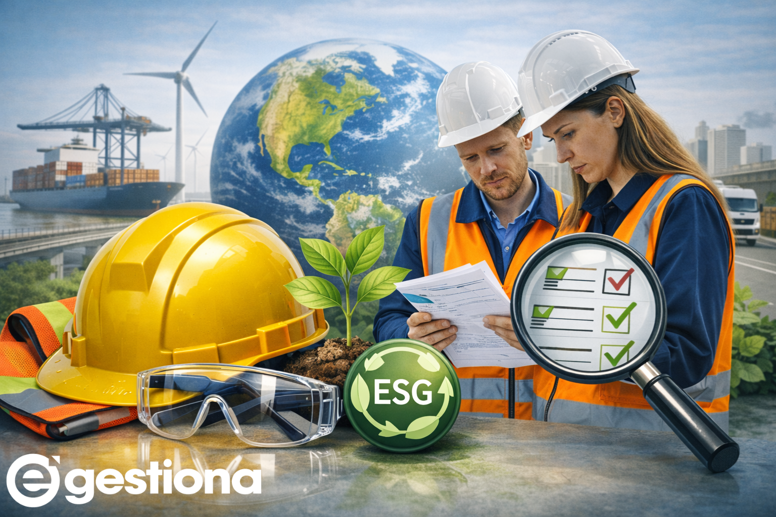 técnico con tablet en entorno industrial / reunión de auditoría con documentación / infografía ESG-PRL